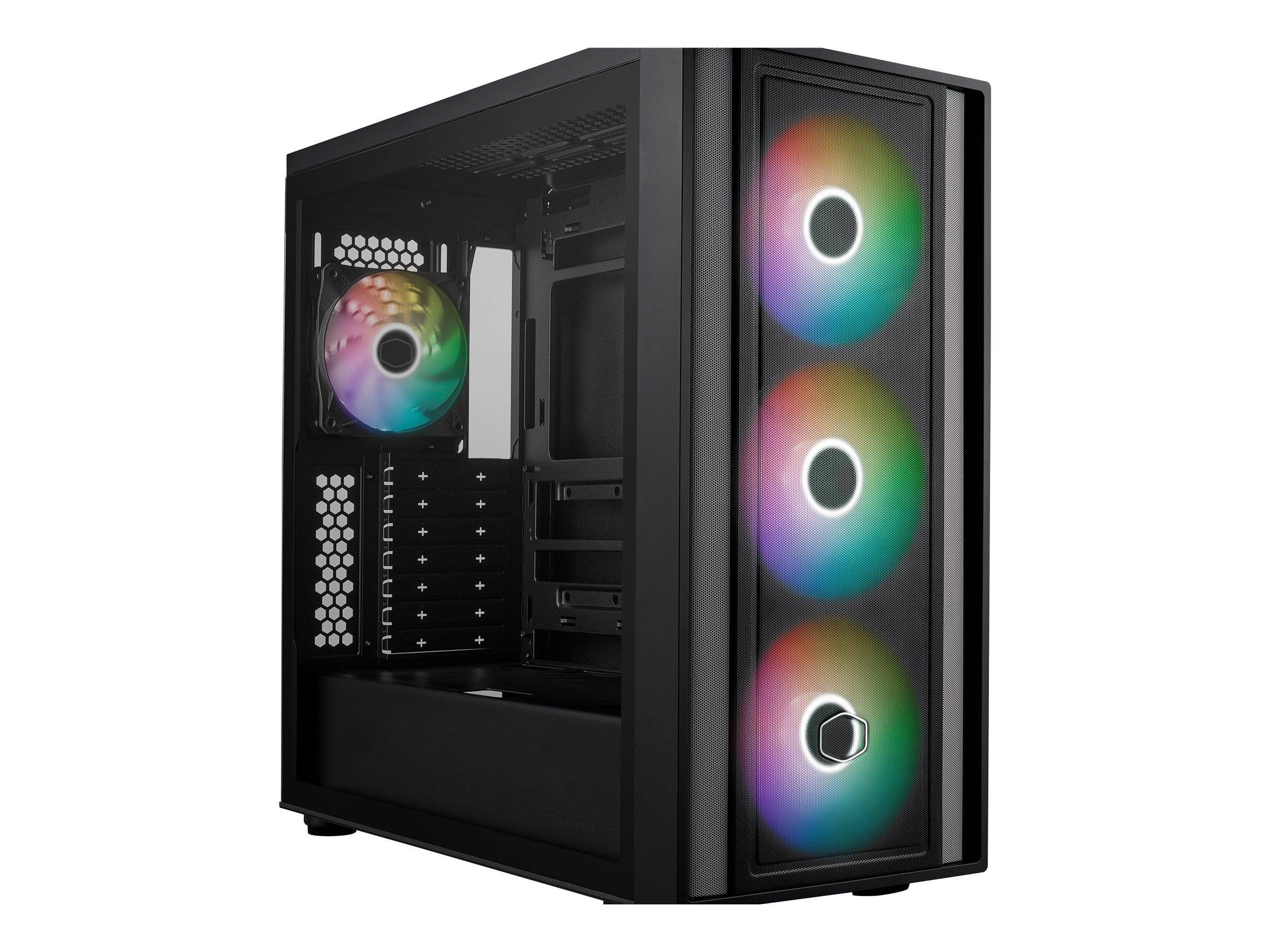 Ein schwarzes Computergehäuse mit drei RGB-beleuchteten Lüftern an der Vorderseite und einem an der Rückseite, das offenen internen Platz für Komponenten zeigt.