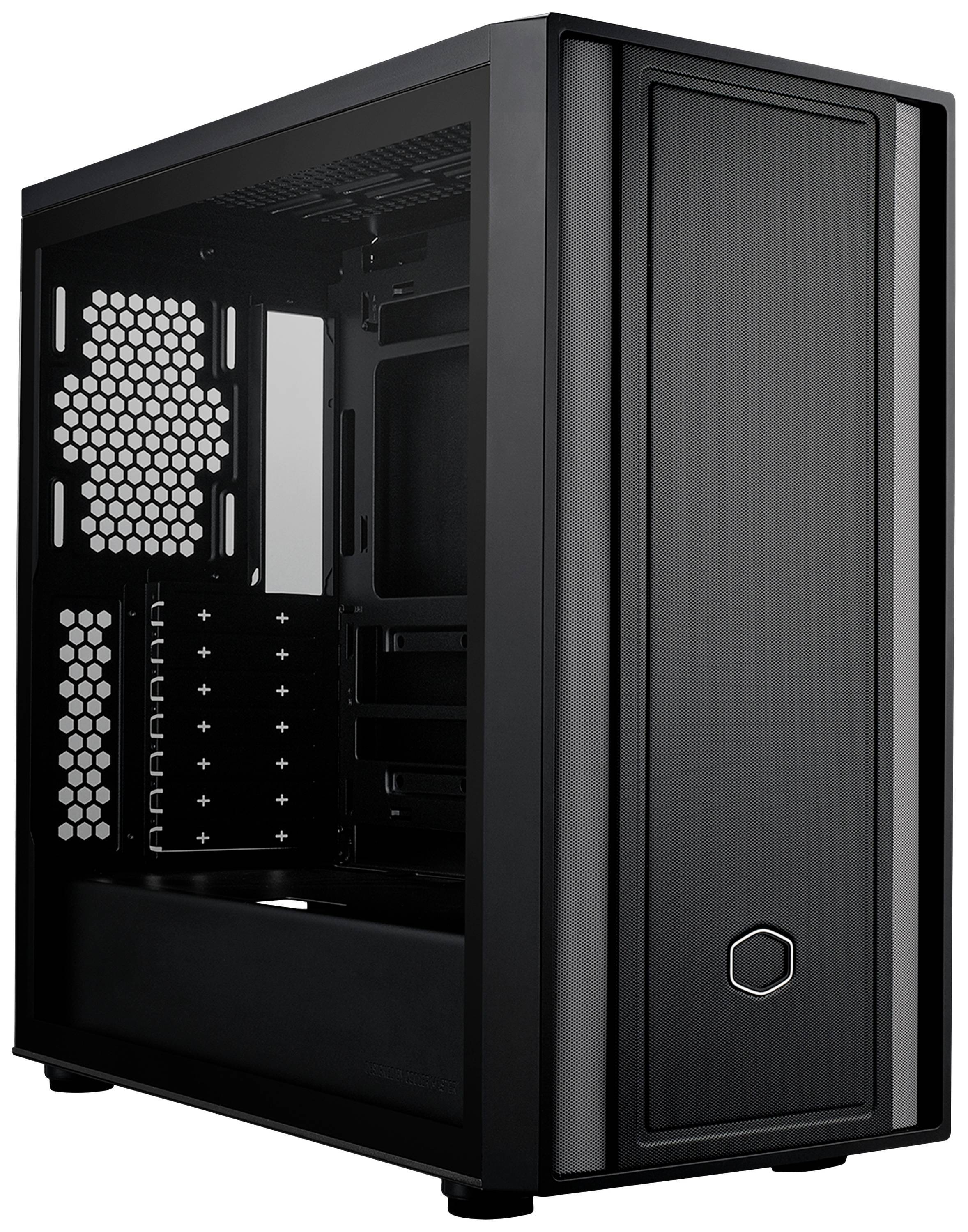 Ein schwarzes Computer-Tower-Gehäuse mit einer Mesh-Frontblende, seitlichen Belüftungslöchern und mehreren internen Laufwerkschächten, die von der Seite sichtbar sind.