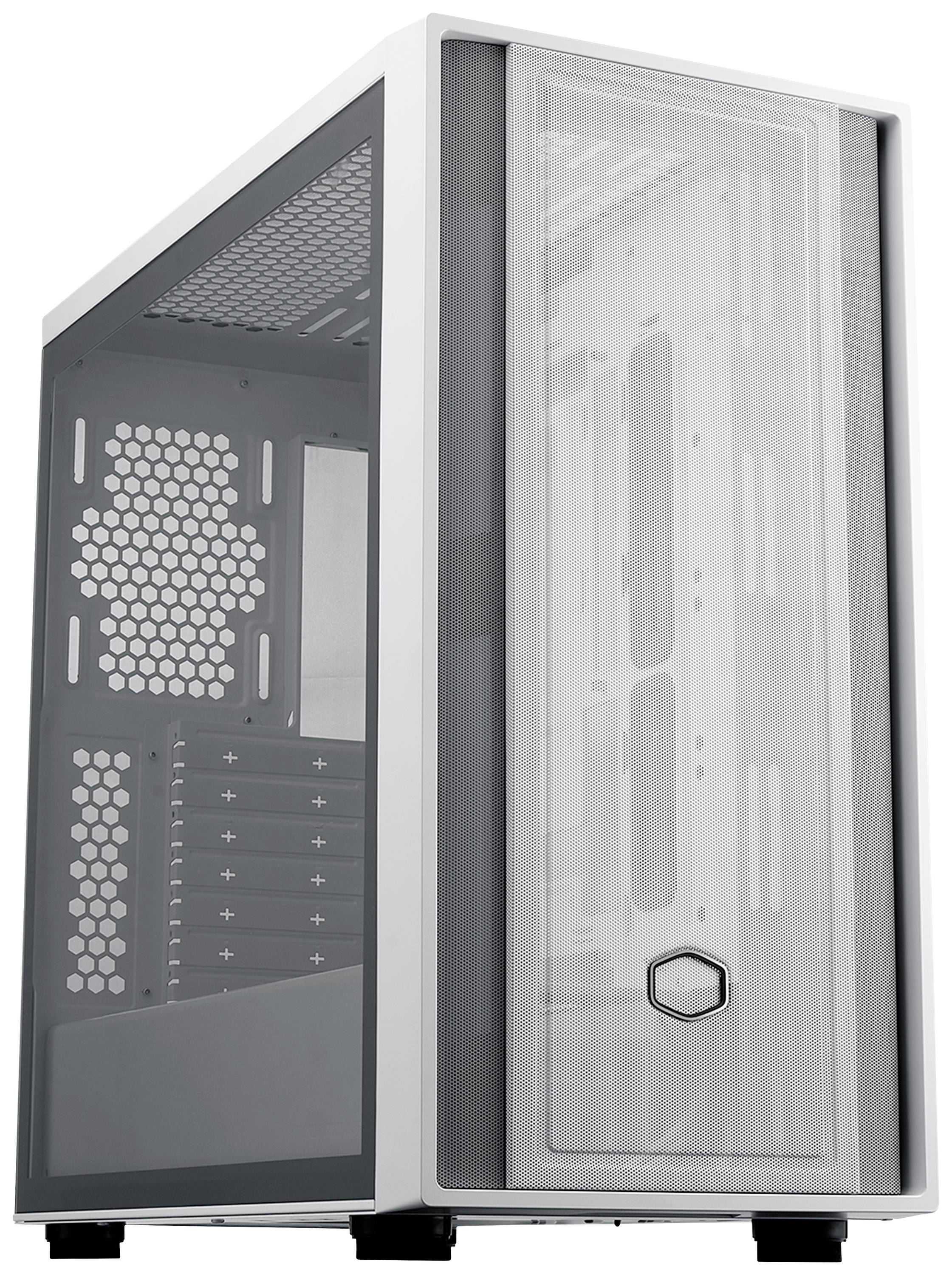 Eine Nahaufnahme eines weißen Computergehäuses mit einem Netzgitter-Frontpanel, das Belüftungsmuster und Steckplätze für Hardwarekomponenten zeigt.