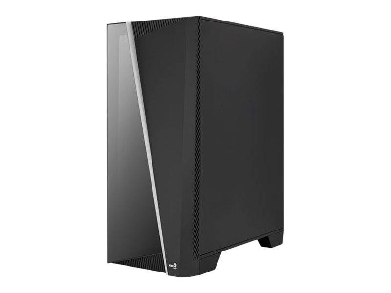 Ein elegantes schwarzes Computer-Gehäuse mit eckigen Designelementen und einem transparenten Seitenpanel, geeignet für High-Performance-Builds.