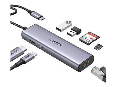 Ein silberner USB-Multi-Port-Hub mit der Marke 