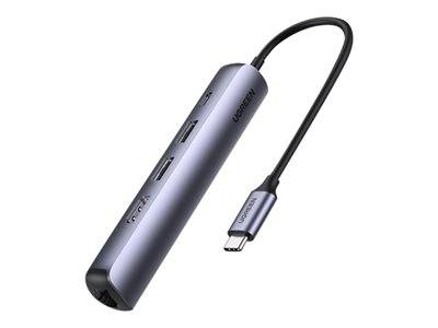 Ein eleganter, zylindrischer USB-C-Hub mit mehreren Anschlüssen, einschließlich HDMI, USB und SD-Kartensteckplätzen, entwickelt für verbesserte Konnektivität.