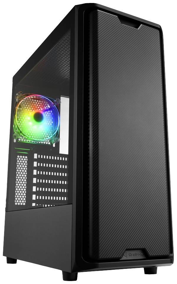 Ein Gaming-PC-Gehäuse mit sichtbarem Seitenpanel, das einen LED-Lüfter mit einem Regenbogen aus Farben zeigt.