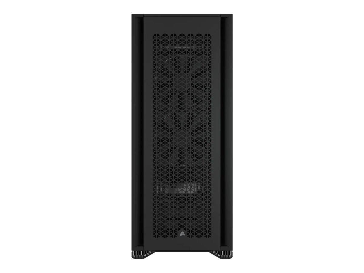 Ein schwarzer Computer-Gehäuseturm mit einem vorderen Mesh-Panel und geometrischem Design, das Luftzirkulation zur Kühlung ermöglicht. Keine Markenlogs sind sichtbar.