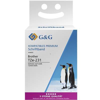 Verpackung für G&G kompatibles Premium-Etikettenbandlabel, Brother TZe-231, schwarz auf weiß, 12 mm breit. Enthält zwei Pinguine und eine Qualitätsbewertung.