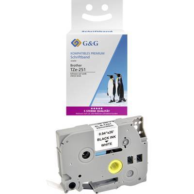 Das Bild zeigt eine G&G-Markenverpackung für ein kompatibles Premium-Farbband der Marke Brother TZe-251, das Pinguinillustrationen und Produktspezifikationen zeigt.