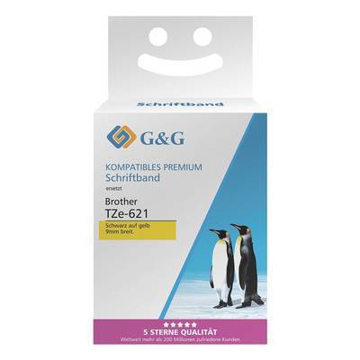 Verpackung für G&G kompatibles Premium-Klebeband für Brother TZe-621, mit Pinguin-Bildern, Smiley-Gesicht-Ausschnitt und Text: '5-Sterne-Qualität'.