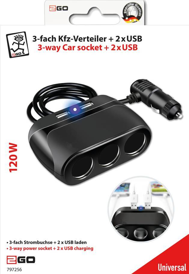 „3-Wege-Autosteckdose + 2 USB