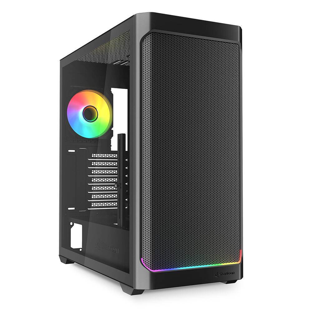 Schwarzes Computergehäuse mit Mesh-Frontplatte und sichtbarem RGB-Lüfter im Inneren, konzipiert für effiziente Luftzirkulation und anpassbare Beleuchtungseffekte.