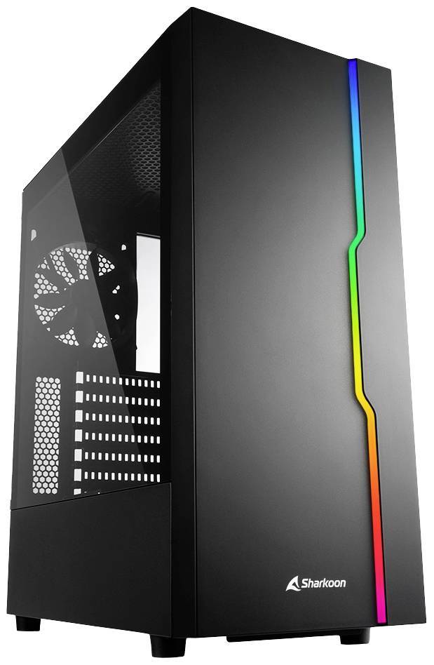 Elegantes schwarzes Computergehäuse mit Seitenlüfter und vertikalem RGB-Beleuchtungsstreifen.