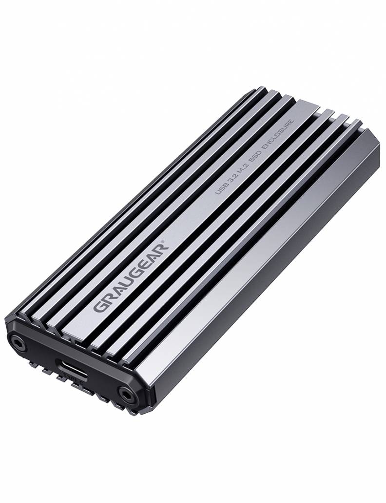 Tragbares SSD-Gehäuse mit elegantem, metallischem Design. Der Markenname 
