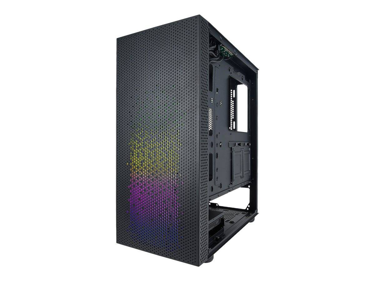Ein schwarzes Computer-Gehäuse mit perforierten Seitenpanelen, RGB-Beleuchtung sichtbar durch die Perforationen, angewinkelt um den Innenraum zu zeigen.
