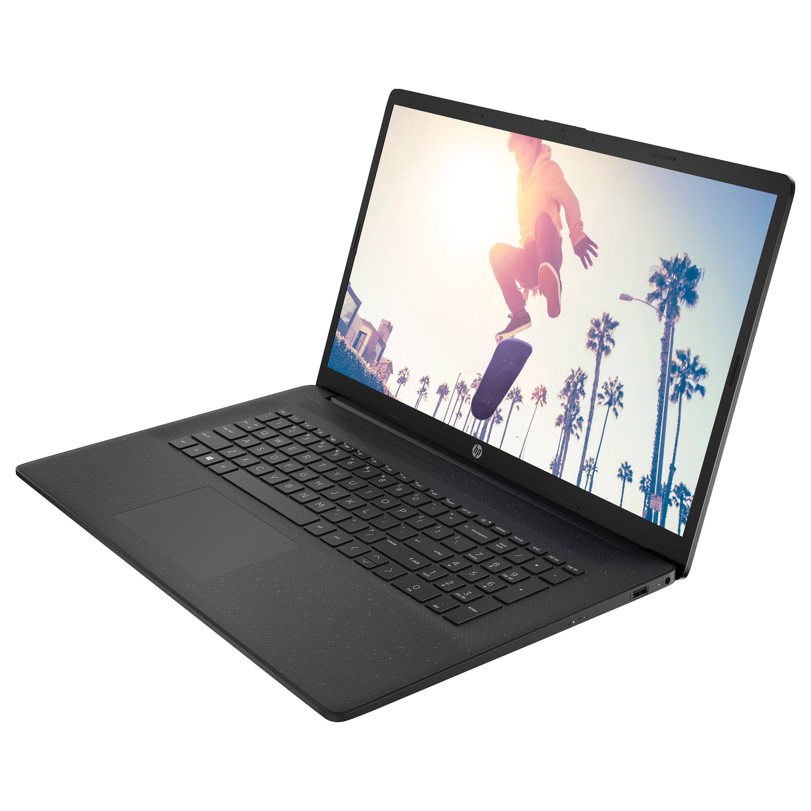 Ein schwarzer Laptop zeigt einen Bildschirm an, auf dem ein Skateboarder einen Trick gegen einen Hintergrund von Palmen und einem hellen Himmel ausführt.