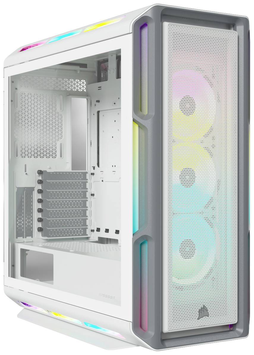 Ein weißes Computer-Gehäuse mit durchsichtigem Seitenpanel und drei RGB-beleuchteten Lüftern an der Vorderseite, die die Kühlungsfunktionen hervorheben.