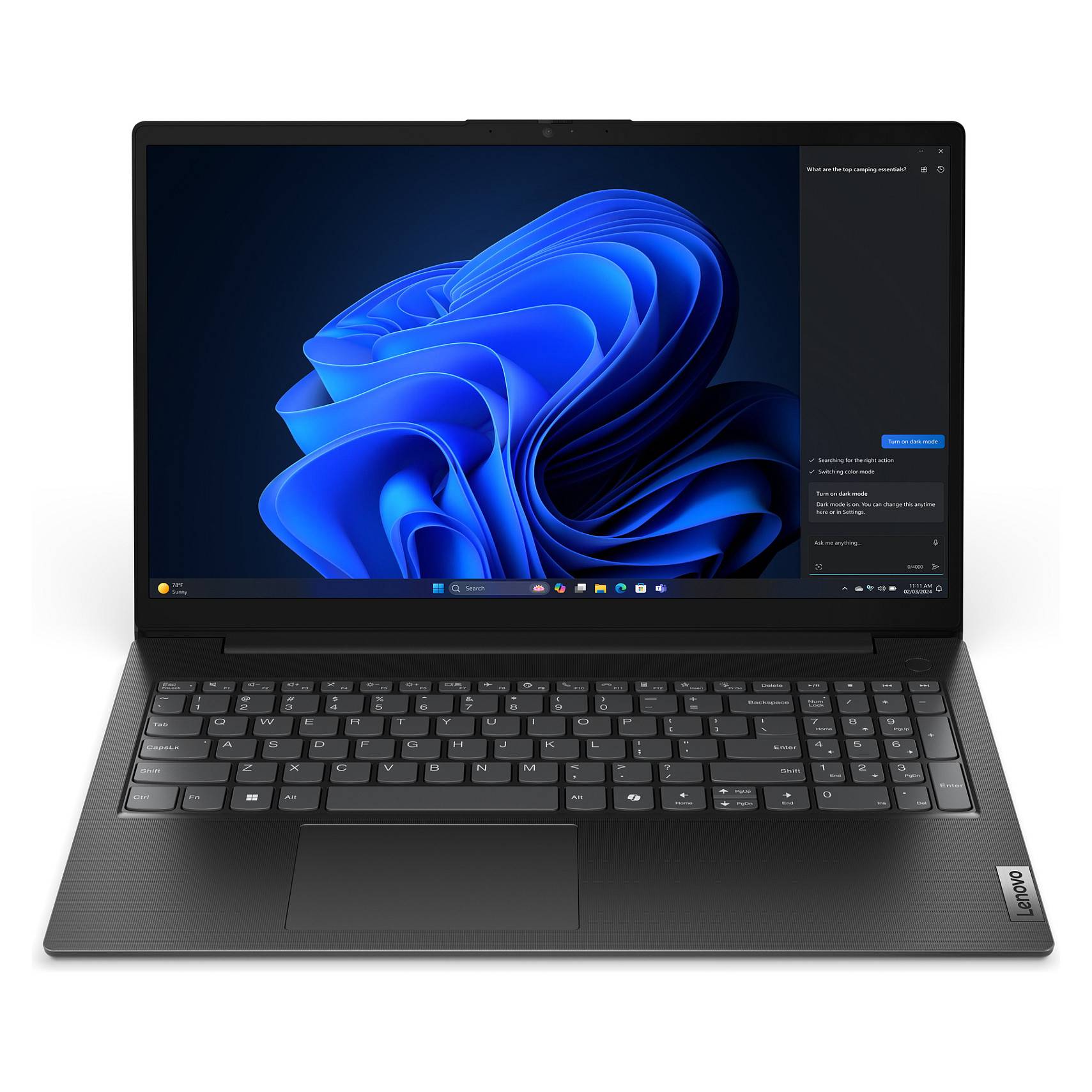Ein schwarzer Laptop zeigt den Windows-11-Desktop mit einem blauen Wirbelhintergrund, einer geöffneten Taskleiste und einem Benachrichtigungsfenster auf der rechten Seite an.
