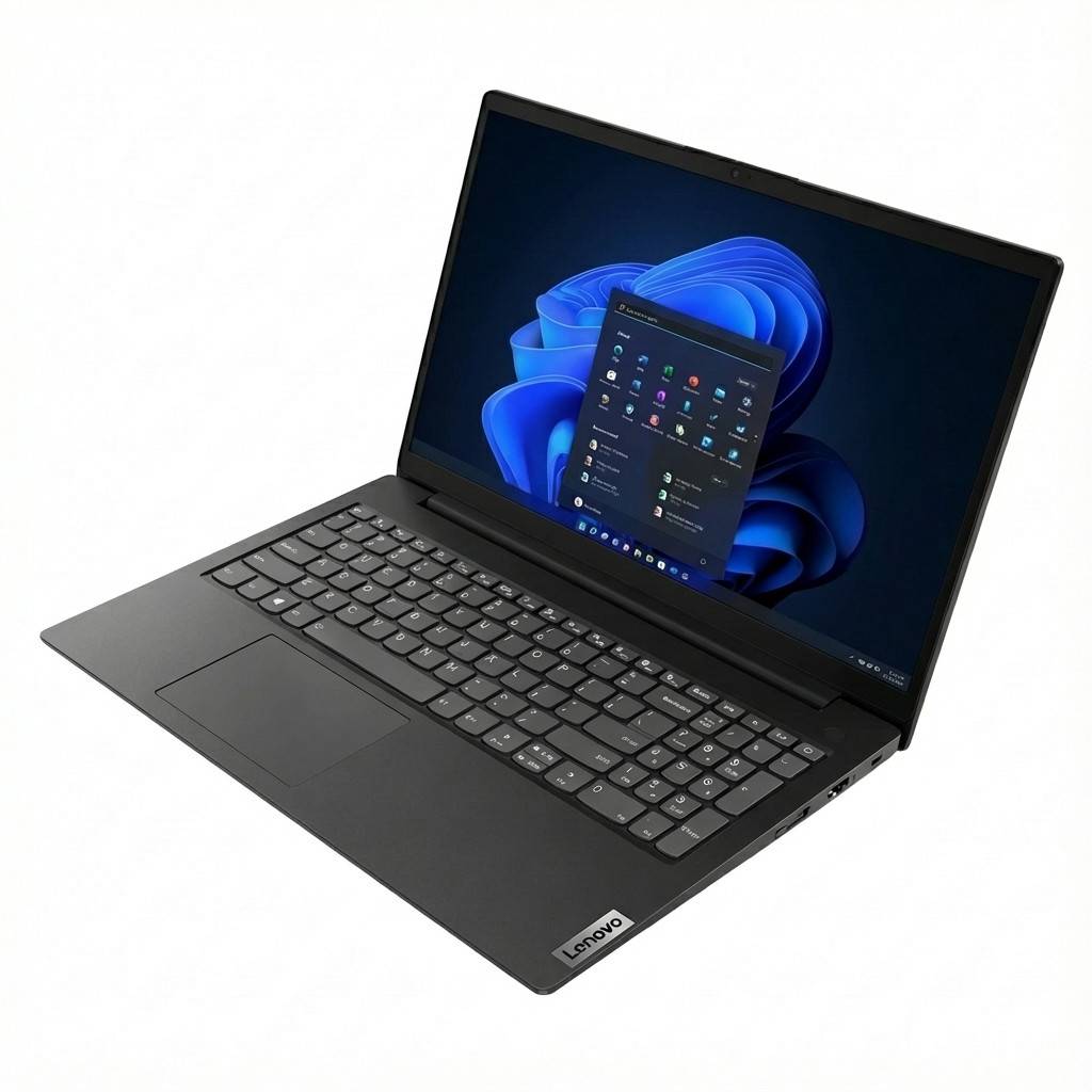 Ein schwarzer Lenovo-Laptop, auf dessen Bildschirm der Windows-11-Startbildschirm angezeigt wird, mit dem Startmenü und verschiedenen Anwendungssymbolen.