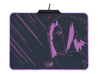 Ein schwarzes Gaming-Mousepad mit violettem Neon-Rahmen zeigt einen Anime-Charakter im Profil. Diagonale Linien erzeugen einen dynamischen Effekt.