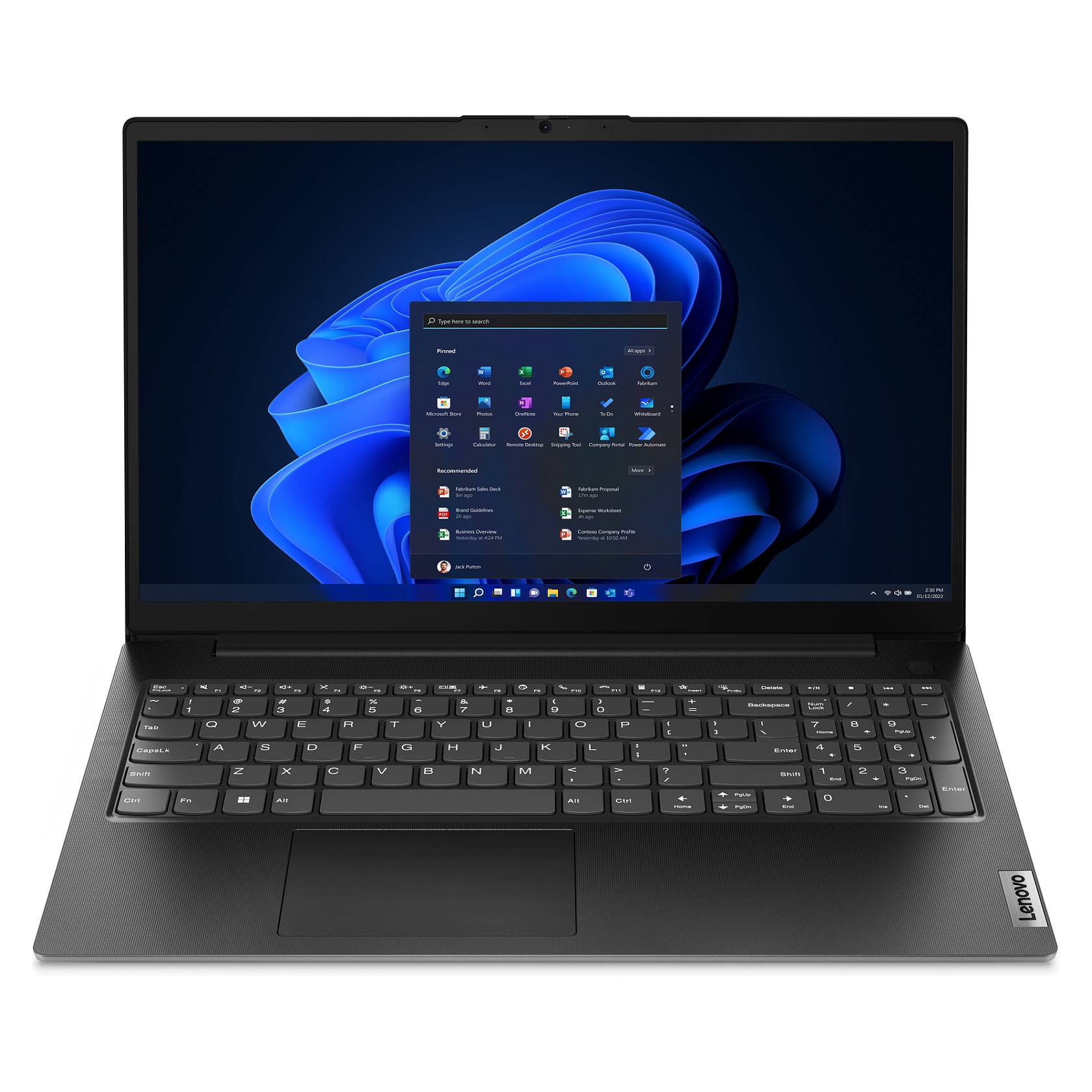 Ein Laptop mit schwarzer Tastatur zeigt den Windows-11-Startbildschirm an. Der Hintergrund hat ein blaues abstraktes Muster.