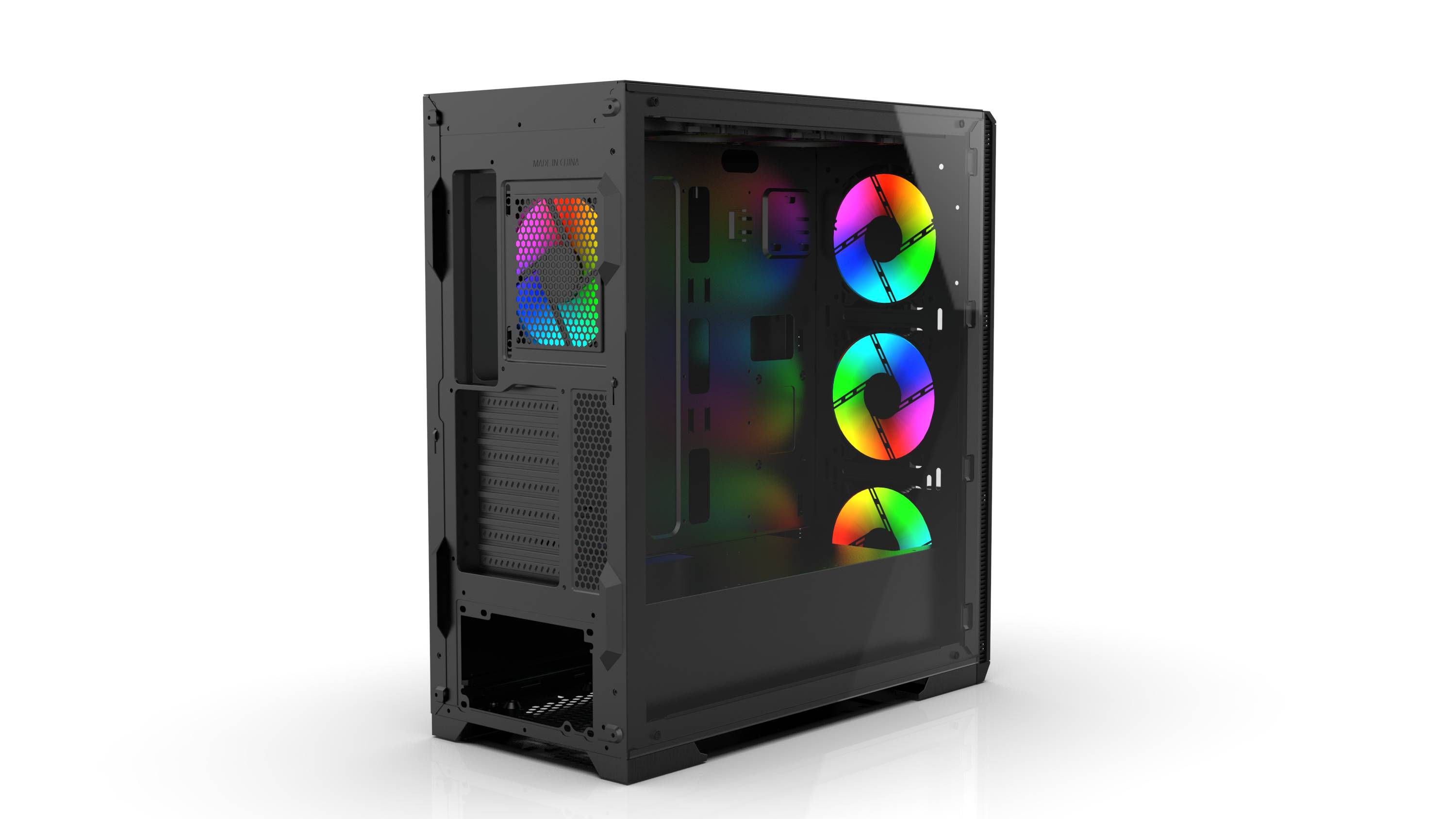 Ein schwarzes Computergehäuse mit transparentem Seitenpanel, das bunte RGB-Lüfter im Inneren zeigt. Das Gehäuse ist leer und bereit für die Installation.