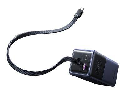 Ein USB-C-Kabel, das mit einem Gerät verbunden ist, das eine Stromanzeige und ein Logo hat. Das Kabel ist flexibel und erstreckt sich vom Gerät.