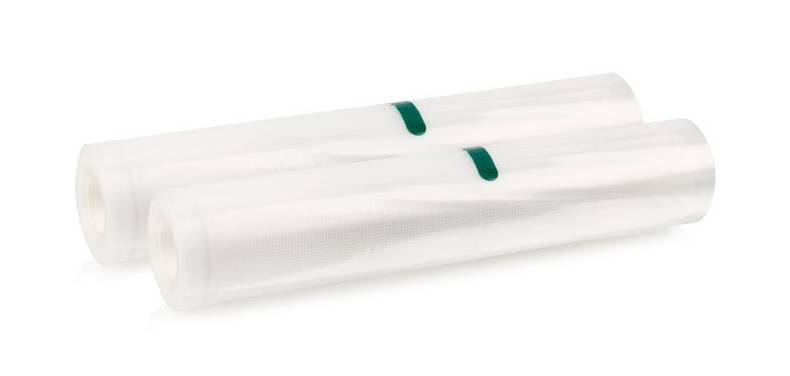 Eine Rolle weiße Kunststofffolie mit einer strukturierten Oberfläche, die zwei grüne Laschen aufweist und zum Versiegeln oder Verpacken von Artikeln verwendet wird.