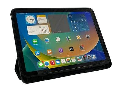 Ein Tablet mit einem Startbildschirm, auf dem verschiedene Apps wie Kalender, Einstellungen und Wetter angezeigt werden, zusammen mit einem farbenfrohen Hintergrund und einer digitalen Uhr.