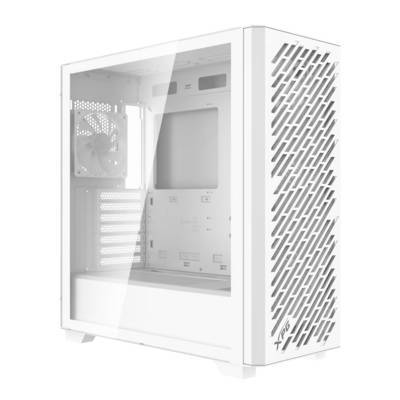 Ein weißes Computergehäuse mit transparentem Seitenpanel und perforierter Frontseite zur Belüftung, entwickelt für den Bau von Custom-PCs.