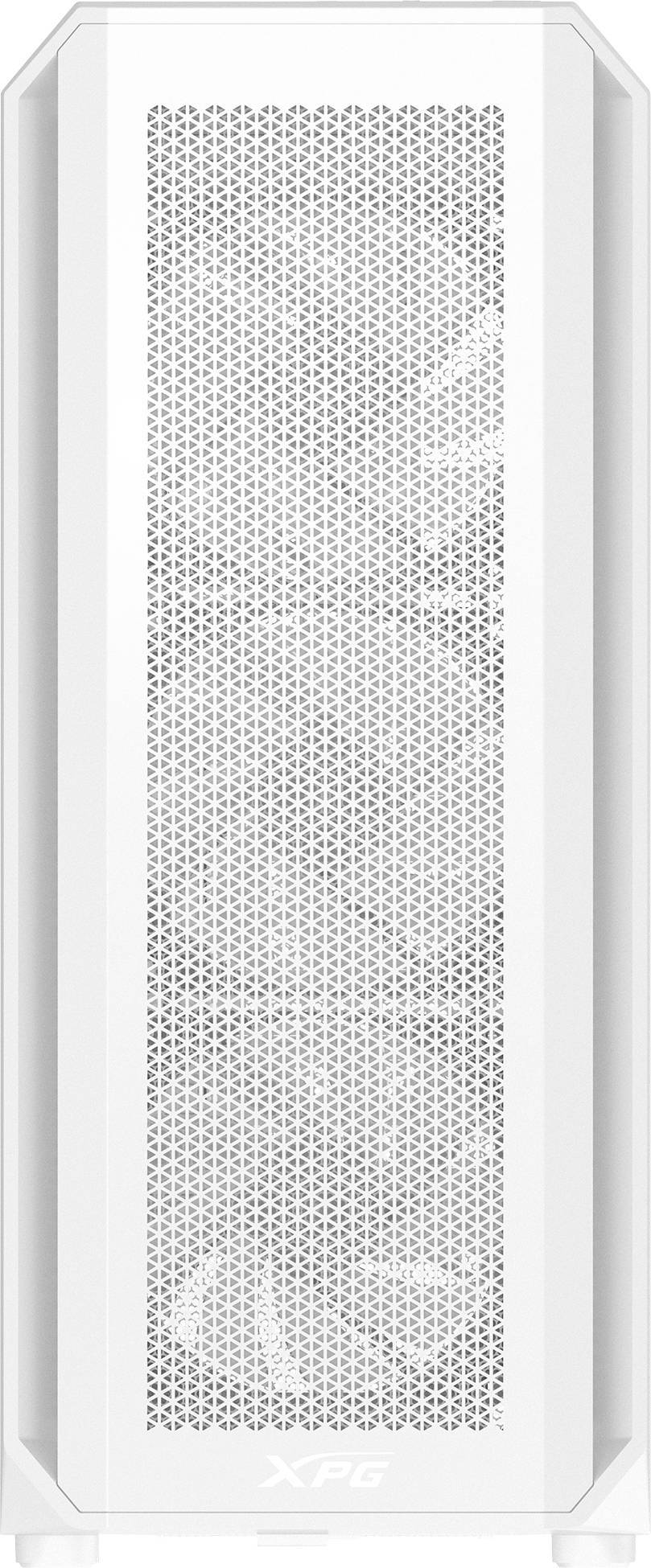 Ein weißes geometrisches Muster mit kleinen dreieckigen Formen füllt den vertikalen Raum und wird von dicken weißen vertikalen Linien begrenzt.