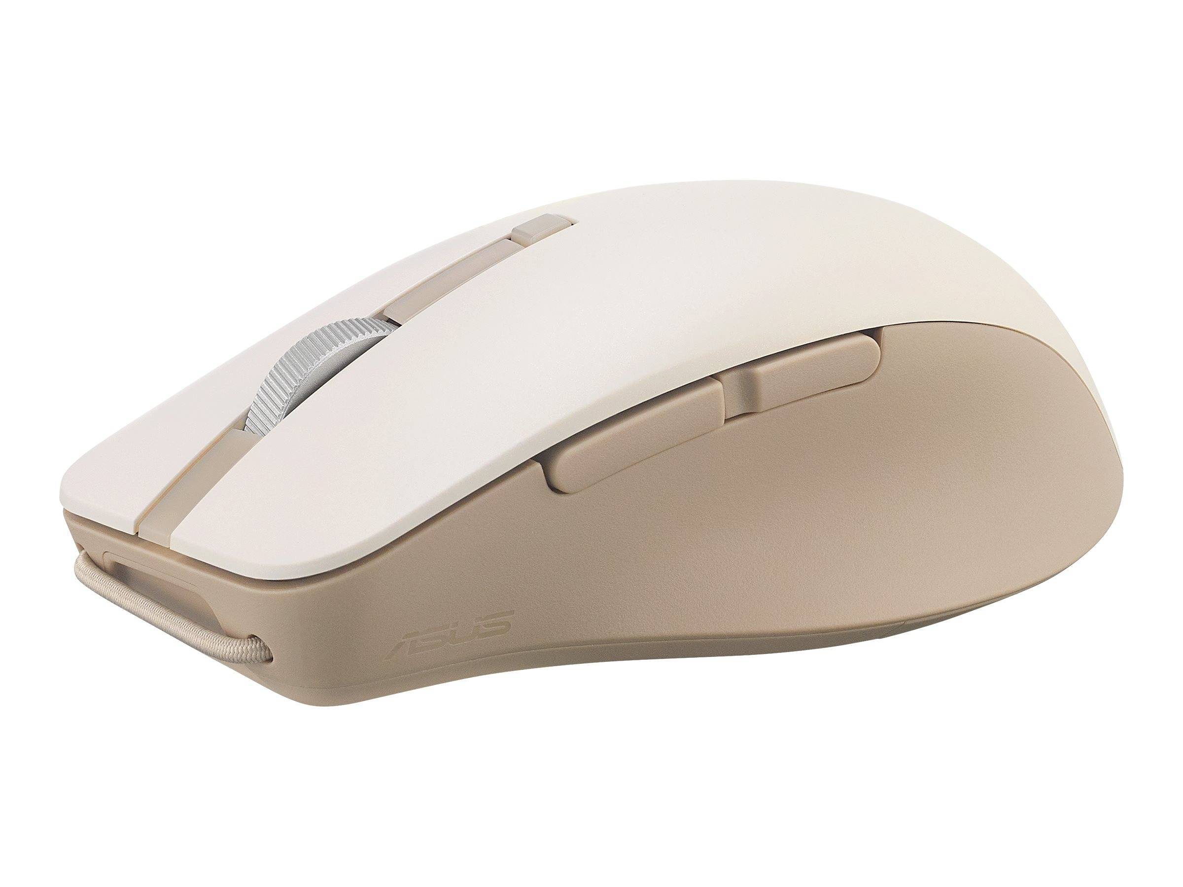 Eine weiße und beige kabellose Computermaus mit Seitentasten und einem Scrollrad, konzipiert für ergonomische Verwendung auf Schreibtischen.