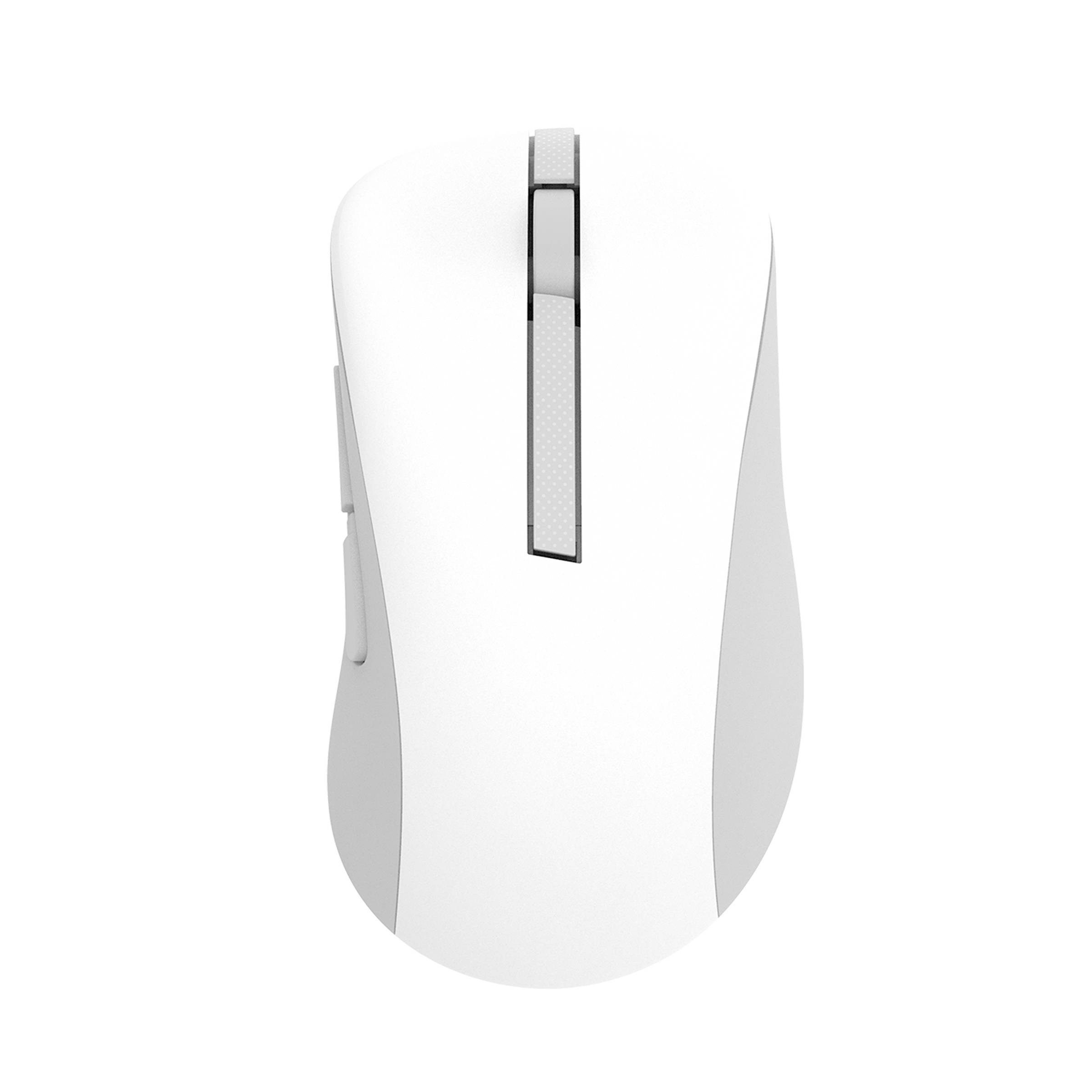 Eine weiße kabellose Computermaus mit schlankem Design, ausgestattet mit Seitentasten und einem Scrollrad, von oben betrachtet.