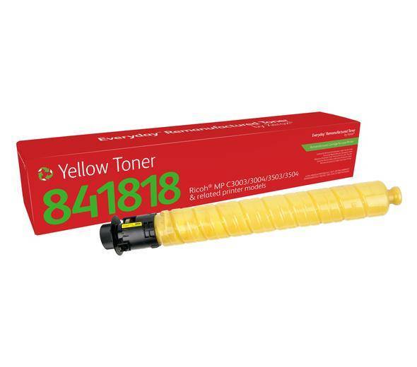 Gelber Toner-Kartuschen für Ricoh MP C3003/C3503 Drucker. Verpackung hebt die Marke „Everyday Remanufactured Supplies