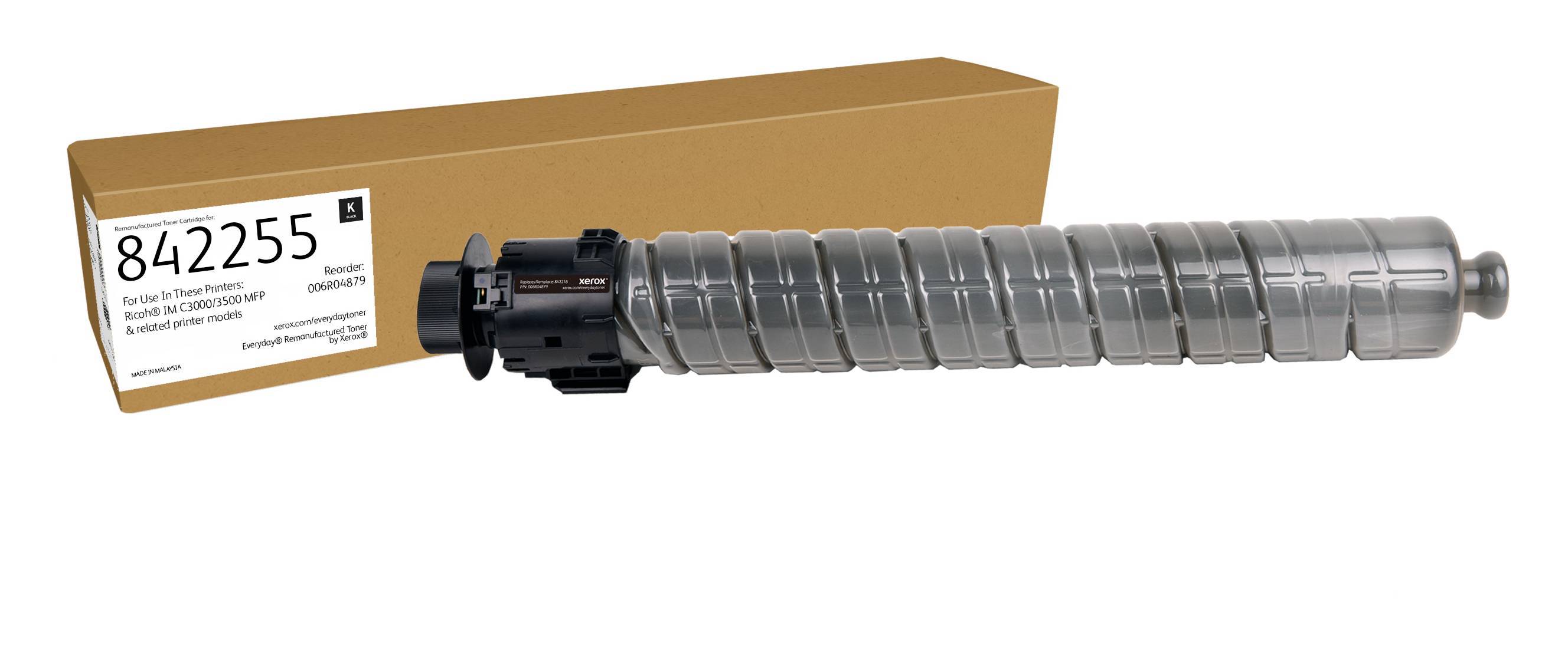 Xerox Tonerkassette mit spiralförmigem Design, platziert vor einer einfachen Verpackungsschachtel.