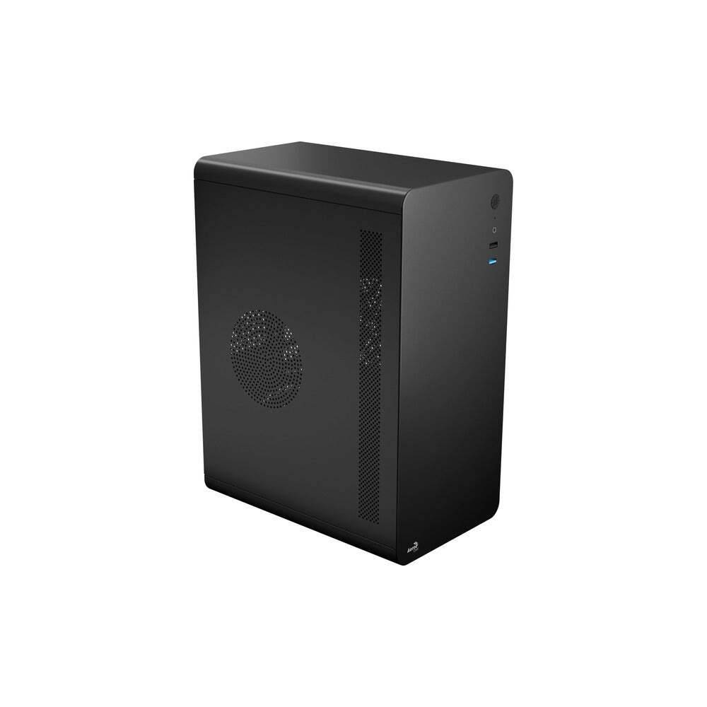 Ein eleganter, vertikaler schwarzer Computer-Tower mit Belüftung an der Seite und USB-Anschlüssen an der Vorderseite, geeignet für den Heim- oder Bürogebrauch.