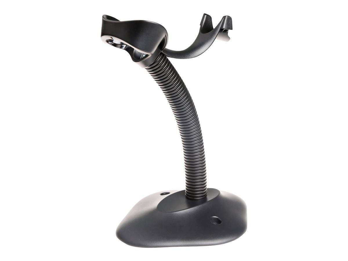 Ein schwarzer verstellbarer Barcode-Scanner-Ständer mit flexiblem Hals und robuster Basis, entwickelt zum Halten eines tragbaren Scanners.