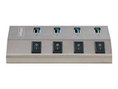 Ein USB-Hub mit vier Anschlüssen, jeder mit einem einzelnen Stromschalter, der die Kontrolle über jedes angeschlossene Gerät ermöglicht.