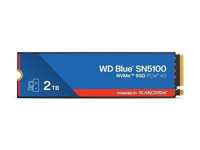 WD Blue SN5100 NVMe SSD, PCIe 4.0, 2 TB, angetrieben von SanDisk, auf blauer Verpackung dargestellt.