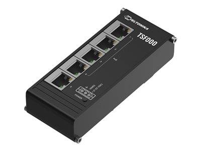 Ein schwarzer TSW1000-Netzwerkschalter mit fünf Ethernet-Anschlüssen und LED-Indikatoren.