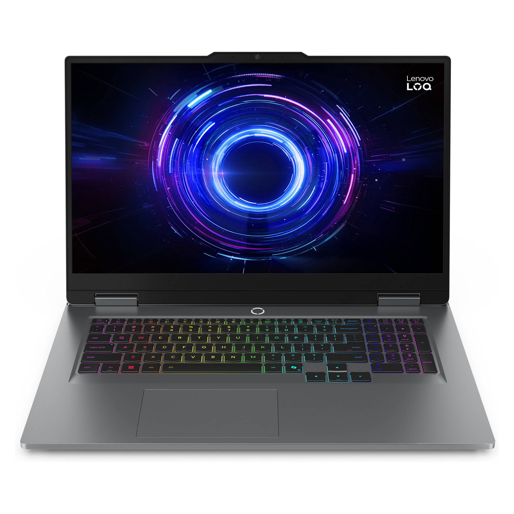 Ein Laptop, auf dessen Bildschirm ein lebendiges, kreisförmiges digitales Design angezeigt wird. Die Tastatur ist mit Regenbogenfarben beleuchtet.