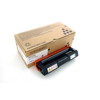 Eine Ricoh-Tonerkartusche und ihre Verpackung mit Recycling-Symbolen und Anweisungen zum vorsichtigen Umgang. Geeignet für spezifische Druckermodelle.