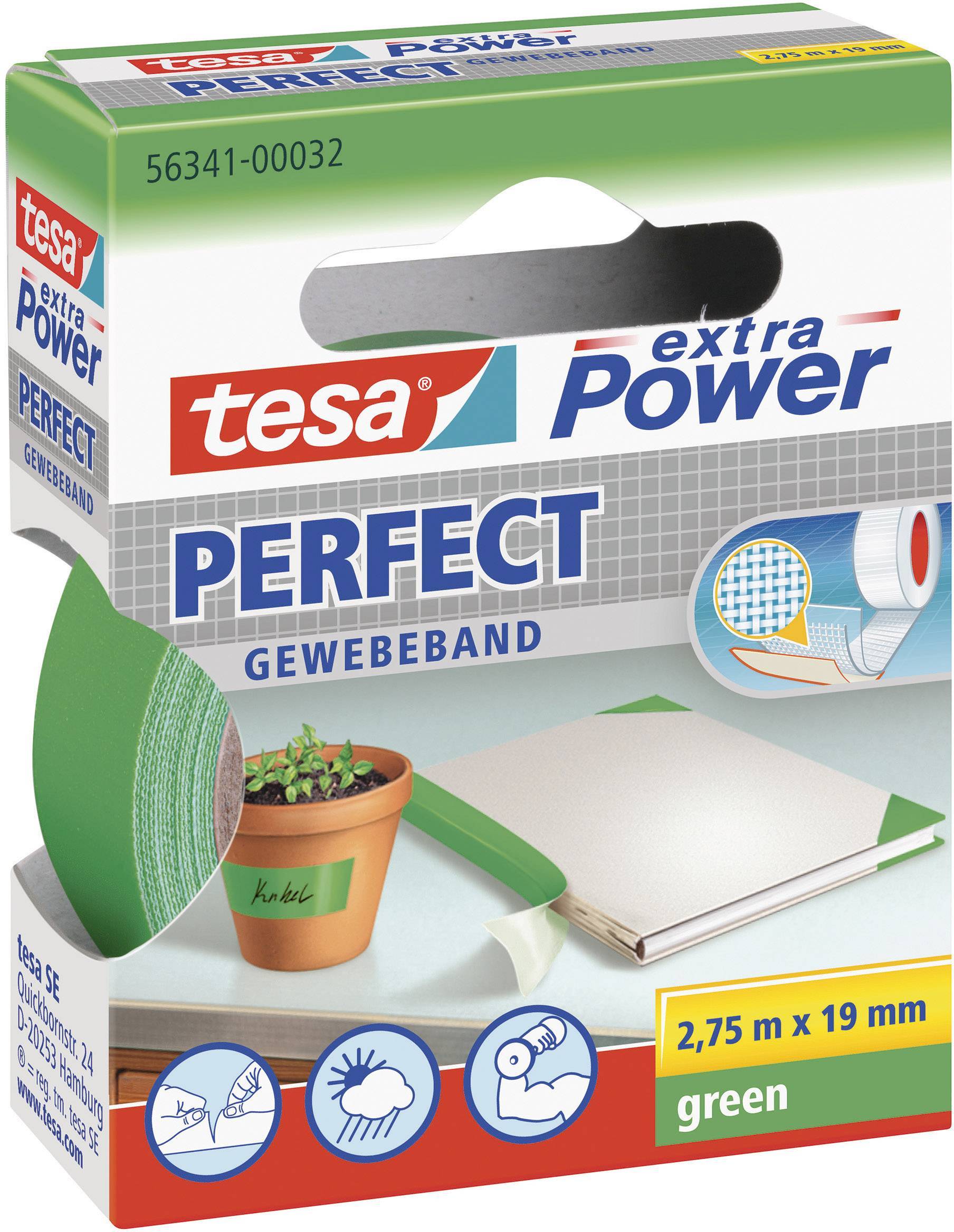 Schachtel Tesa extra Power Gewebeband, 2,75m x 19mm. Abbildung zeigt Klebeband zur Reparatur von Blumentopf, Detail der Papieroberfläche und fertige Beispiele.