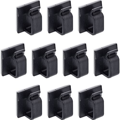 Zehn schwarze selbstklebende Kabelclips in zwei Reihen angeordnet, verwendet zum Organisieren und Sichern von Kabeln auf ebenen Flächen.