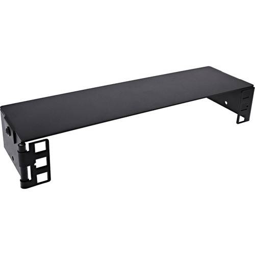 Eine schwarze Metallregalhalterung mit zwei Befestigungslöchern und einem verstellbaren Stützelement, entworfen für die Wandbefestigung und Regalunterstützung.