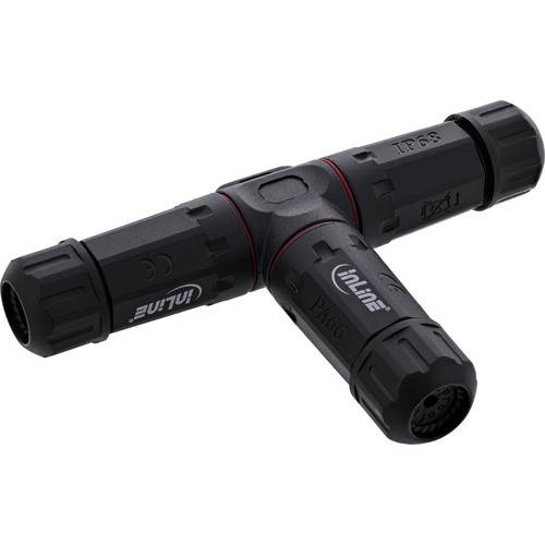 Schwarzer T-förmiger wasserdichter Elektrostecker mit gekennzeichneten Enden und rotem Ringdesign, verwendet zum sicheren Verbinden von Kabeln.