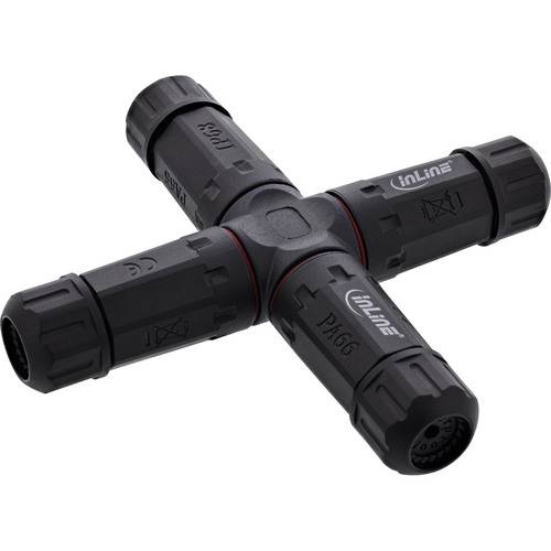 Ein schwarzer Inline-Stecker mit vier Anschlüssen in Kreuzform, gekennzeichnet mit PA66, wird zum sicheren Verbinden von Kabeln verwendet. Verfügt über wasserfeste Dichtungen.