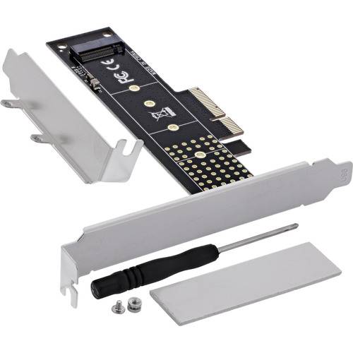 Ein M.2-NVMe-SSD-auf-PCIe-Adapter mit Montageklammern, einem Schraubendreher und Schrauben, entwickelt zum Aufrüsten oder Installieren eines Solid-State-Drives in einem Computer.