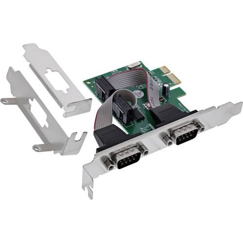 Eine PCIe-Seriellkarte mit zwei RS232-Anschlüssen und begleitenden Metallhalterungen, die zur Ergänzung von Serienverbindungen auf Computern verwendet wird.