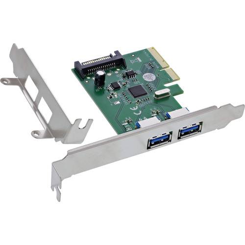 Eine PCIe-USB-3.0-Adapterkarte mit zwei externen USB-Anschlüssen und einer grünen Leiterplatte, die zum Hinzufügen von USB-Konnektivität zu einem Computer verwendet wird.