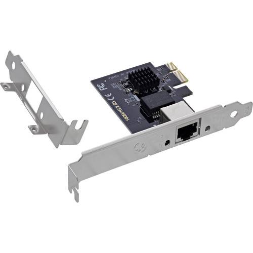 Ein PCIe-Netzwerkadapter mit einer Metallhalterung, die einen Ethernet-Anschluss und sichtbare Schaltkreiskomponenten aufweist.