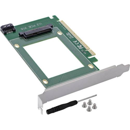 Eine grüne PCIe-Adapterkarte für M.2-SSDs mit goldenem Anschluss, Schraubendreher und Schrauben daneben zur Installation.