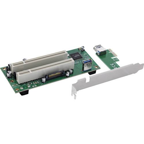 Eine Computererweiterungskarte mit zwei PCI-Steckplätzen, USB-Anschluss und einer Metallhalterung zur Befestigung im Computergehäuse.